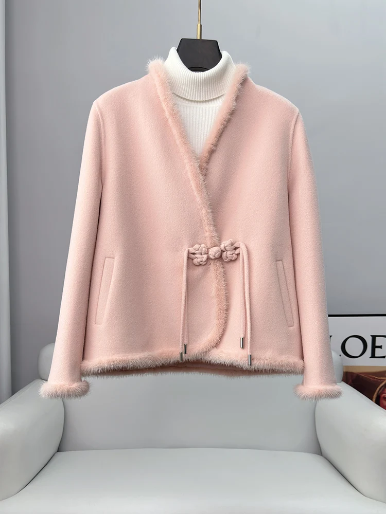 

2023 Autumn/Winter New Xiao Xiang Feng Short Fashion Mink Fur Edge Double sided Wool Coat Youth Woolen Coat