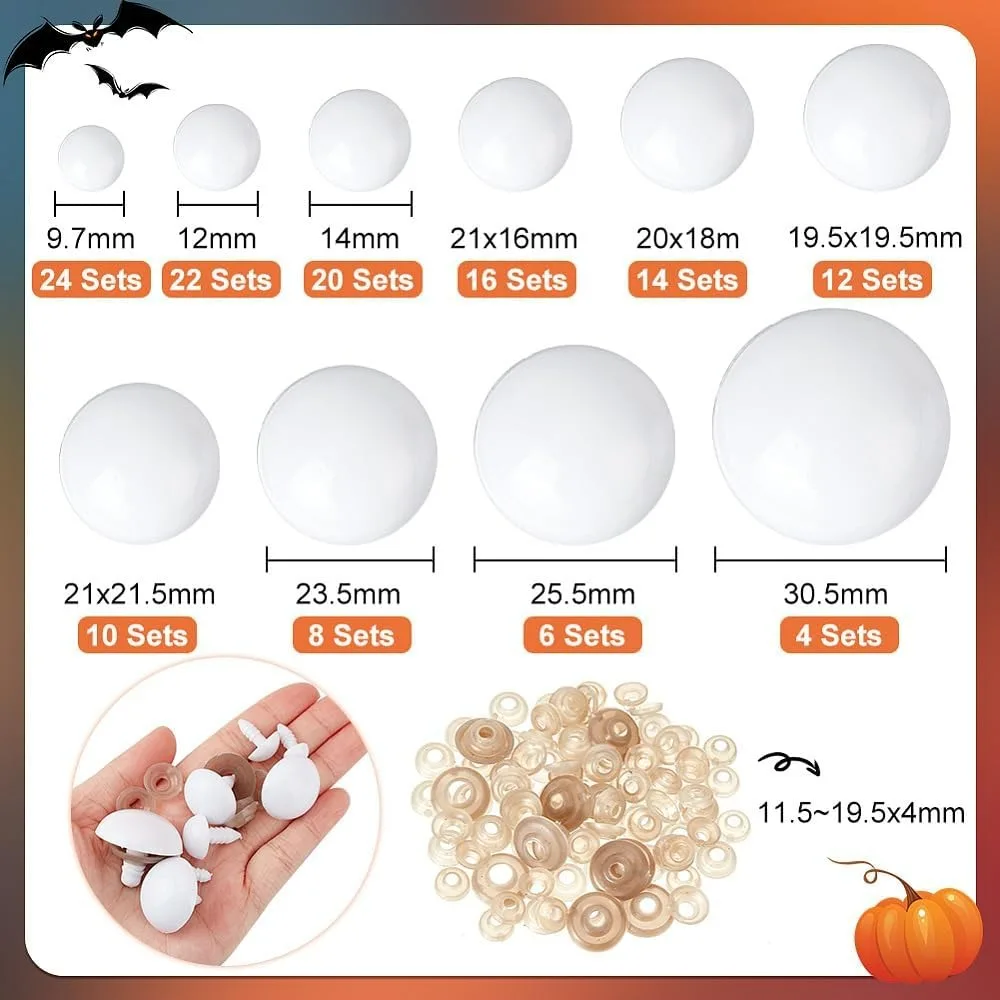 136 Sets 10 Styles Plastic Safety Eyes, with Gasket, Half Round Craft Eyes for Crochet  and Stuffed Animals, White