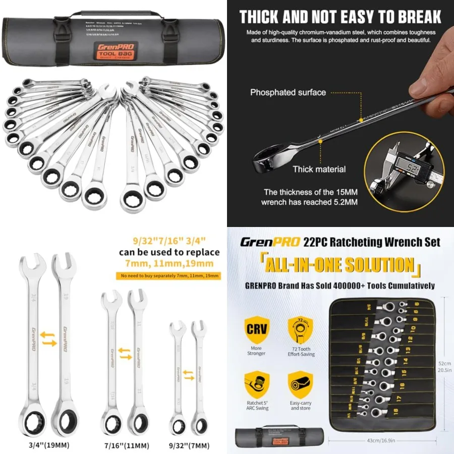 

Ratcheting Wrench Set, Combination Wrench Set, 22-Piece SAE Metric and Standard, 72Th Long Open End, 1/4 to 3/4 6-18mm, Organiz