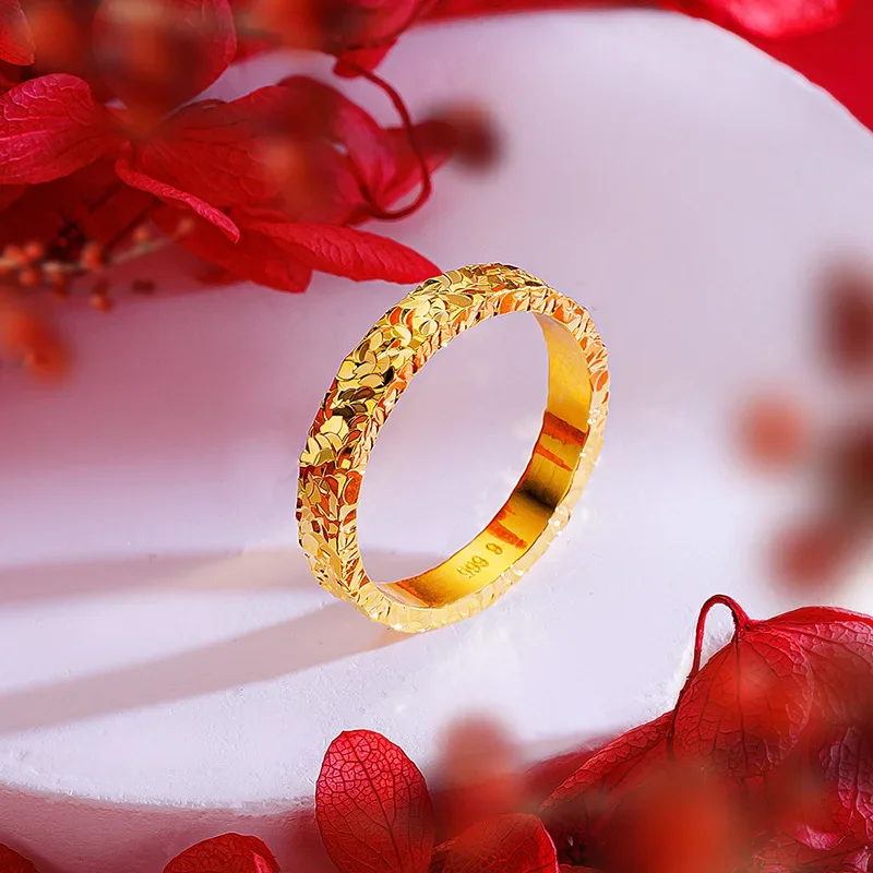 

9999 24K Real Gold Three Sided Broken Ice Pattern Ring K Gold 4mm Narrow Face Burst Sparkling Broken Ice Plain Ring