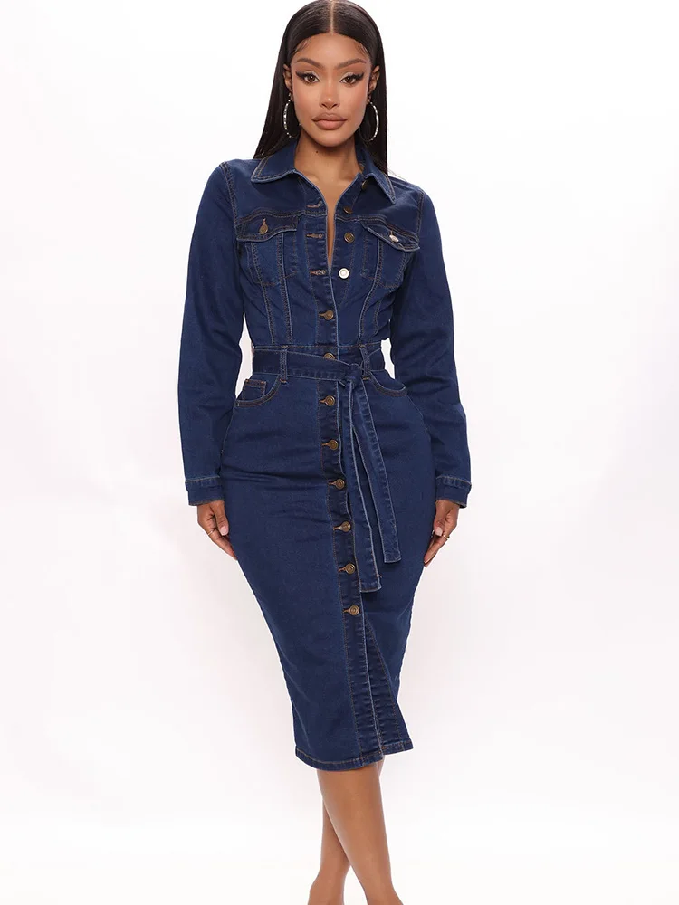 

Casual Streetwear Denim Long Dress Women Coat Night Club Single Breasted Pocket Midi Dress Fashion Turn Down Bodycon Dress Belt