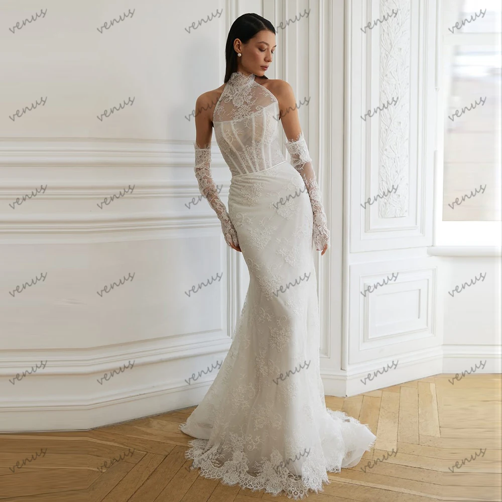 Abiti da sposa vintage Abiti da sposa glamour Abiti a strati in pizzo Scollo all'americana Lunghezza pavimento Abiti glamour da sposa Personalizzati