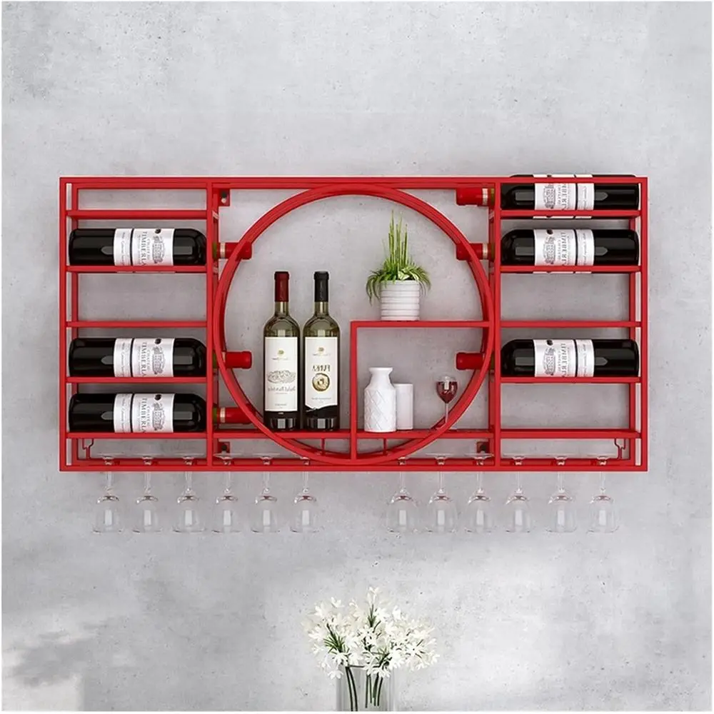 

Metal Wall-Mounted Wine Rack with Glass Holders, Red, 35.4x4.3x16.5in for Kitchen Dining Area