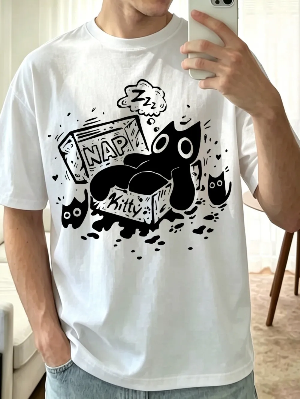 Sleeping Cat Nap Box Printing Cotton T-Shirts Mens Summer Soft Oversized T Shirt O-Neck Short Sleeve Tops Basic Male Clothes