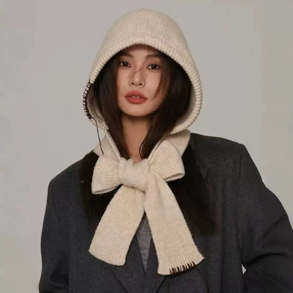 Women Winter Integrated Hat Scarf Knit Bow‑Tie Hood Wrap Solid Color Stitched Trim Neck Ear‑Protection Knitted Cap Daily Wear