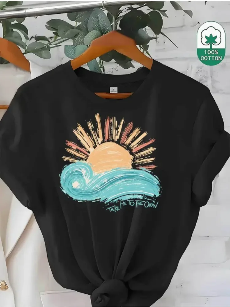 

Новая хлопковая женская футболка свободного кроя с изображением волнистого солнца и креативным принтом, мягкий хлопок, повседневный модный топ, коллекция Y2K