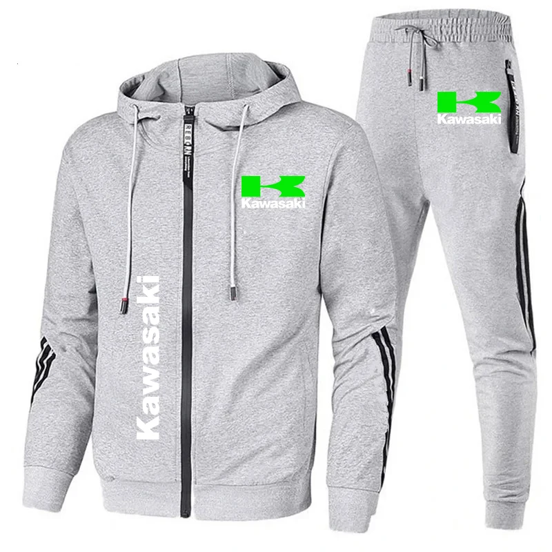 Men's Kawasaki Logo Printed Tracksuit Motorcycle Jacket Outdoor Sports Hooded Sweatshirt+Pants 2Piece Racing Biker Sportswear