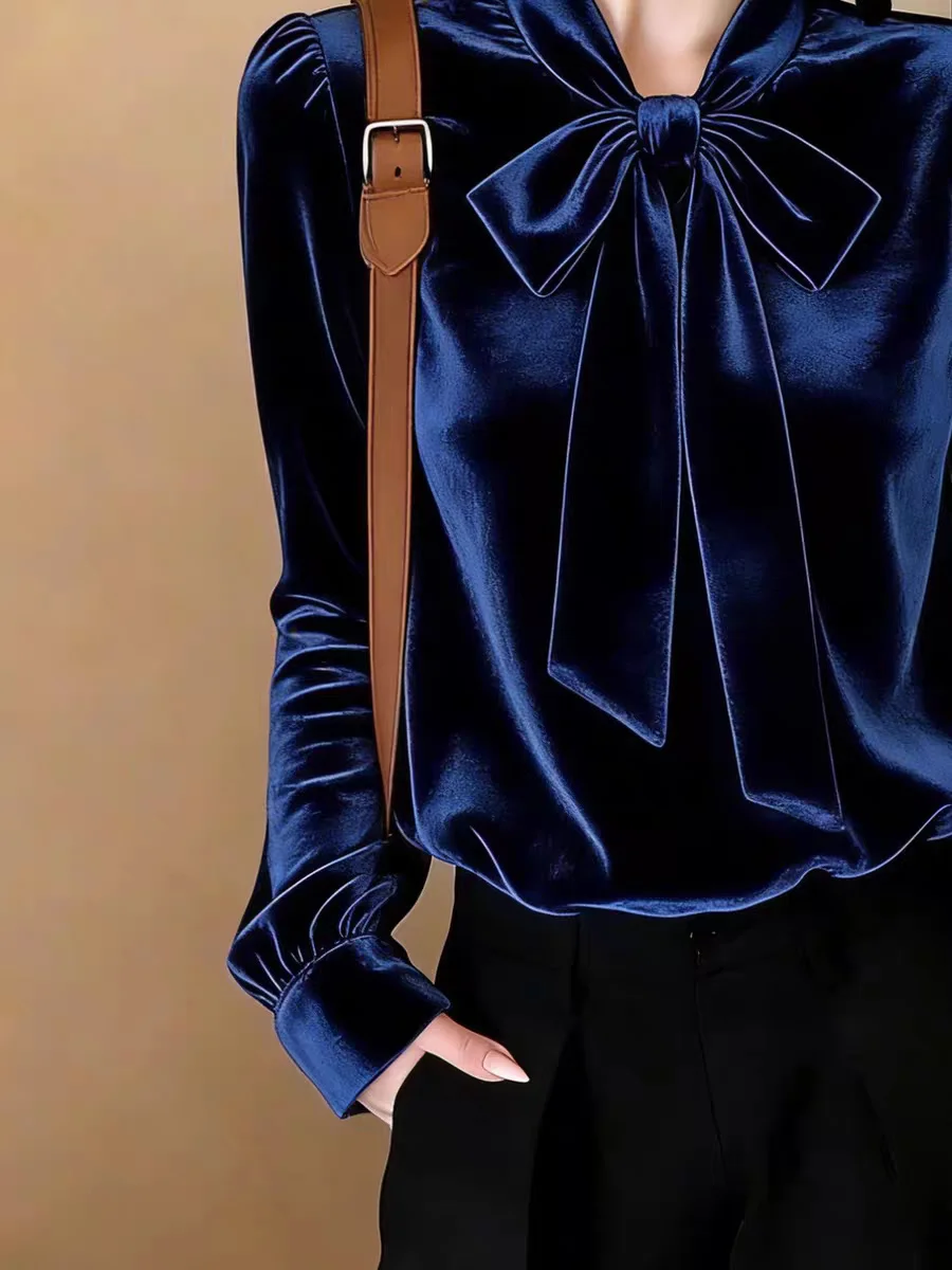Elegant Long Sleeve Velvet Shirt Women's Slimming Top High-End Feelings Velour Blouse for Autumn Winter plus Size Commute view 5