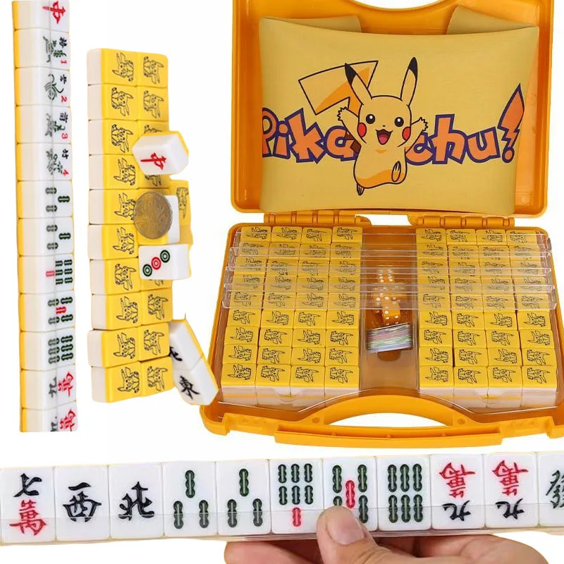 

144PCS Pikachu Chinese Mahjong Game Set White Engraved Mini Tiles for Family Gathering for Chinese Game Play Leisure
