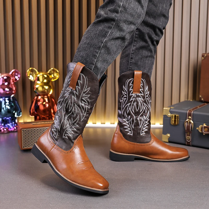 Classic Cowboy Boots Men PU Mixed Color Patch Embroidery Comfortable Western Outdoor Boots Large Size 38-48