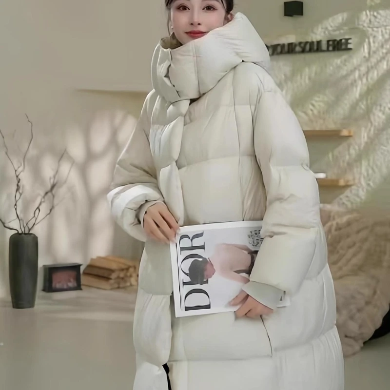 Coffee Colored Puffy Hooded Down Jacket, Korean Version Medium To Long Thick and Warm Loose Jacket, Women 2025 Winter New Style