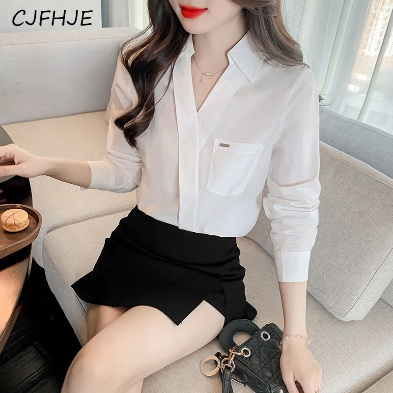 CJFHJE Spring New Women's Asymmetric V-neck White Shirt Korean Fashion Versatile Casual Long Sleeved Women Minimalist Shirt Top