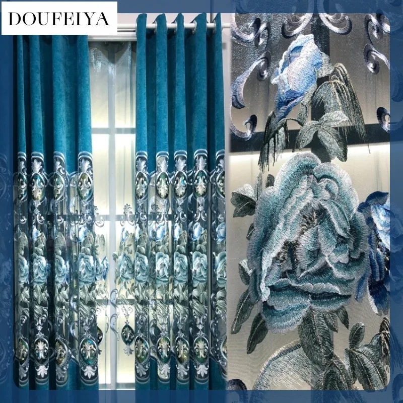 

Cashmere Tulle for Living Dining Room Bedroom Embroidered Hollow American Pastoral Luxury Blue Window Curtain Room Decor