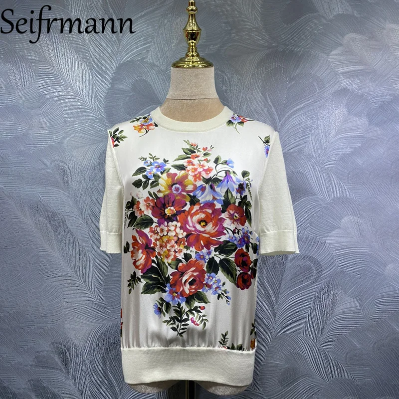 

Seifrmann 2026 Spring Women's New clothing Fashionable Round Neck Short Sleeve Knitted Silk Printed Top