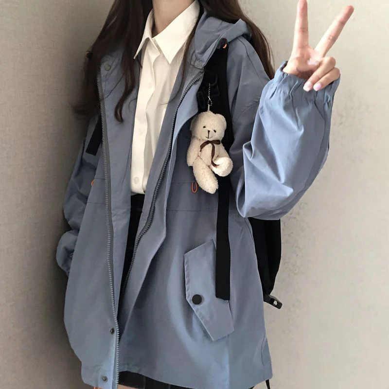 Women Solid Oversize Jacket Harajuku Korean Casual Loose Hooded Coats Spring Autumn Zip Preppy School Girls Vintage Streetwear