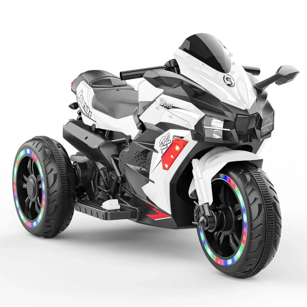 Whtie Motorcycle for Girls, 12V Powered Ride on Motorcycle for Kids 2-6, Child Electric Dirt Bike with 3 Wheels, Bluetooth Music