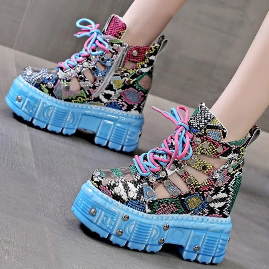 

Height Increasing Summer Ankle Boots Women's Sexy Snake Genuine Leather Sandals Platform Wedge High Heels Motorcycle Party Pumps