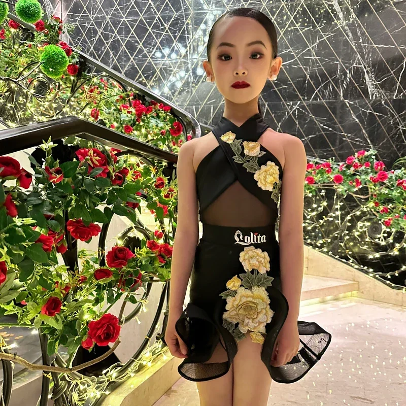 

Black Halter Flower Printed Latin Dress Girls Salsa Tango Chacha Latin Dance Competition Costume Summer Latin Dance Dress