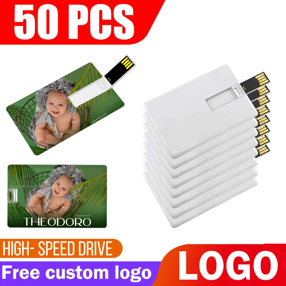 

50 шт. USB 100% емкость 4 ГБ 8 ГБ 16 ГБ 32 ГБ 64 ГБ 128 ГБ кредитная карта USB-флеш-накопитель с индивидуальным логотипом высшего качества Creative Pendrive