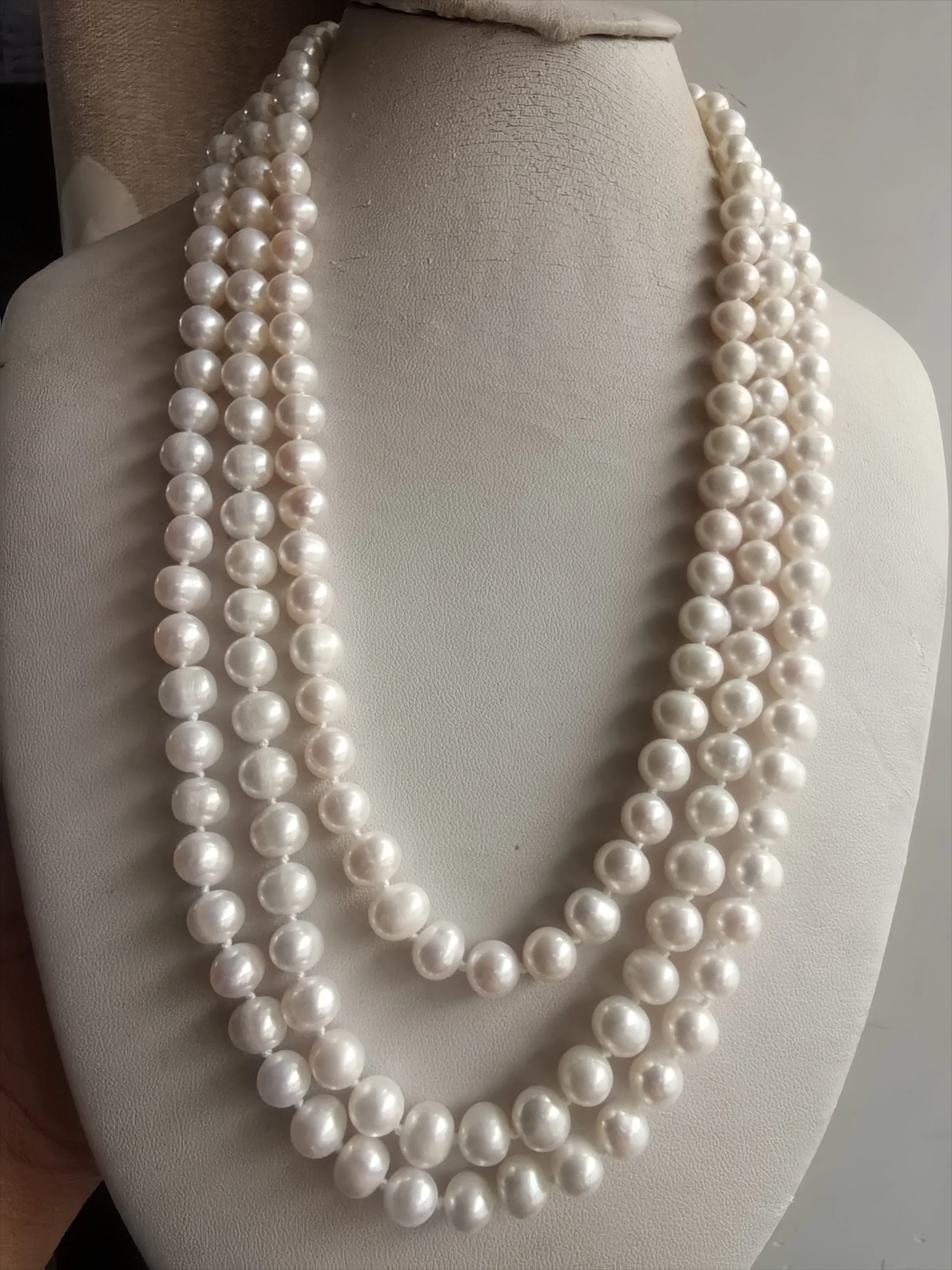 3 row seawater Genuine Natural  AAA 7-8mm Round white Pearl Neck 18 '' 925s