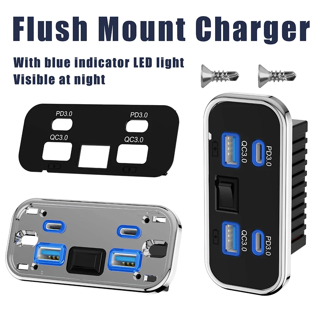 76W Dual PD Dual QC3.0 Type C USB Quick Charger 3.0 with Switch Fast Charging 4 Ports Power Panel For Bus ATV Car Truck Marine