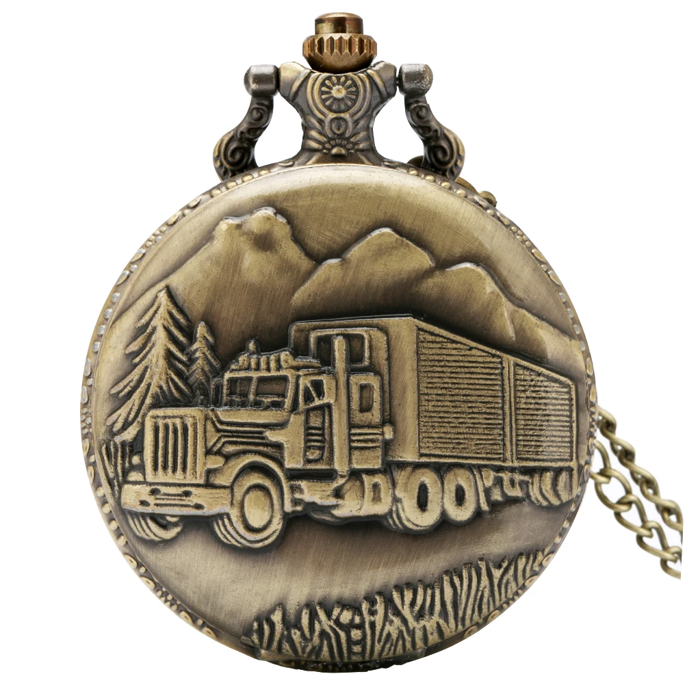 

Vintage Bronze Truck Pattern Quartz Pocket Watch Men Thanksgiving Gift Arabic Numerals Dial Necklace Pendant Pocket Clock