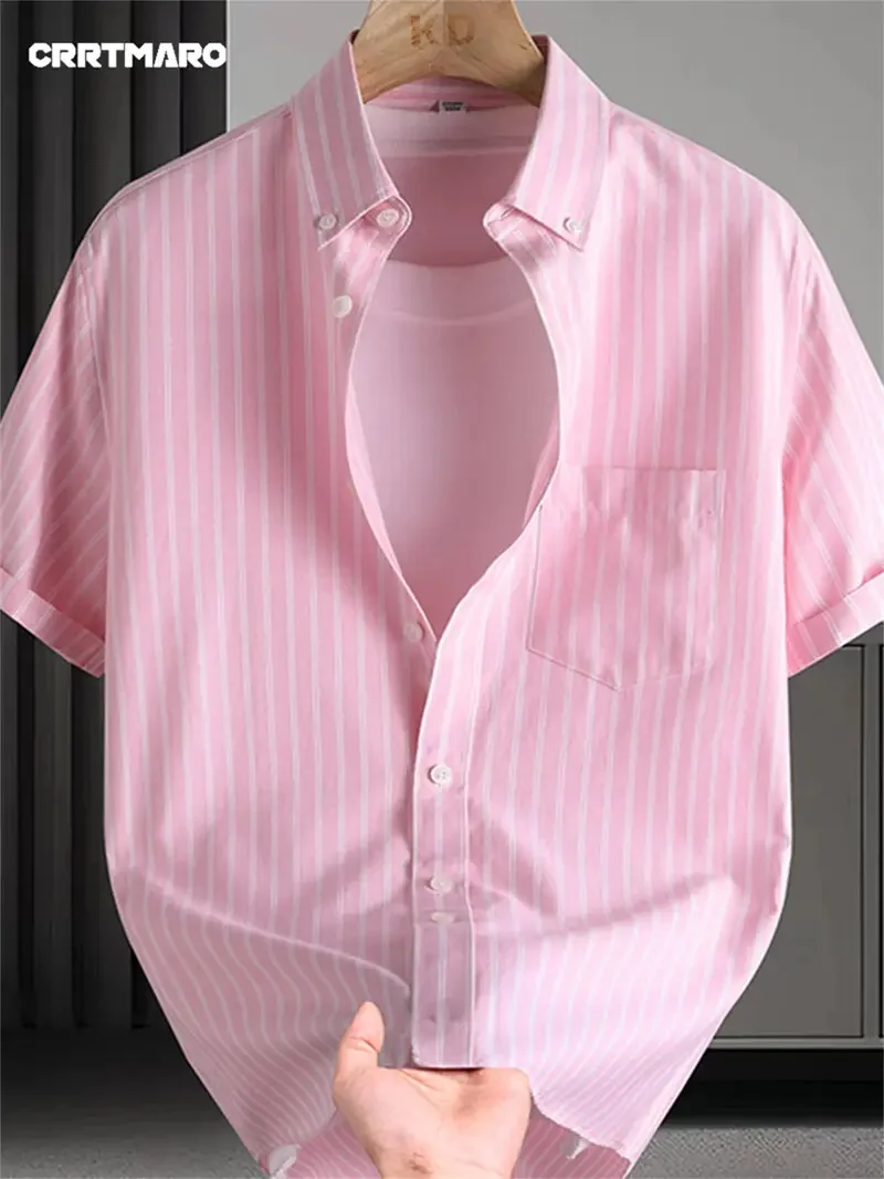 

Summer Men Business Striped Print Oversized Lapel Short Sleeve Shirts Comfort For Daily Commute S-5XL