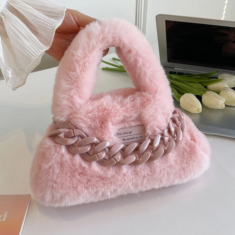 Vintage Plush Shoulder Bag for Women Trendy Designer Handbag and Purses Faux Fur 2023 New Casual Totes Ladies Messenger Bags