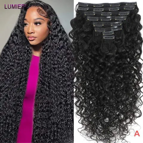 Clip per onde profonde nell'acqua nelle estensioni dei capelli umani Capelli umani grezzi vergini brasiliani al 100% 8 pezzi / set Testa completa per le donne 18A Doppia trama