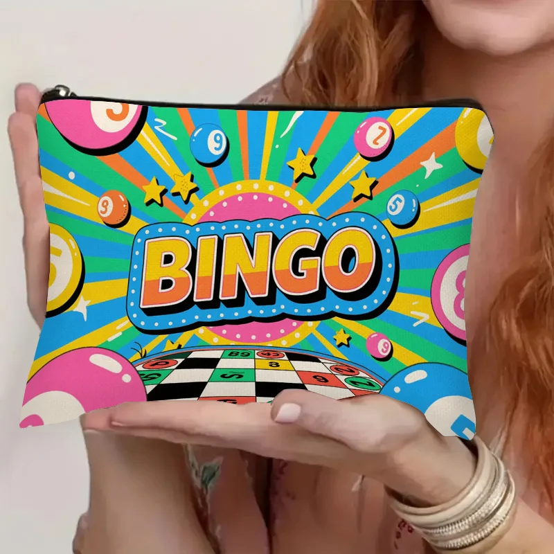 1pc Bingo Game Makeup Bag - Retro Arcade Cosmetic Organizer with Bingo Balls Pattern, Lightweight Travel Toiletry Pouch