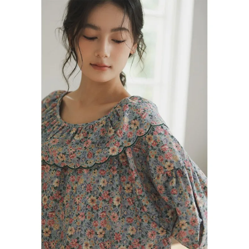 Autumn Cotton Double Gauze Cute Mid-Length Long Sleeve Nightgowns Round Neck Three Quarter Printed Pajama Dress Sexy Sleepwear