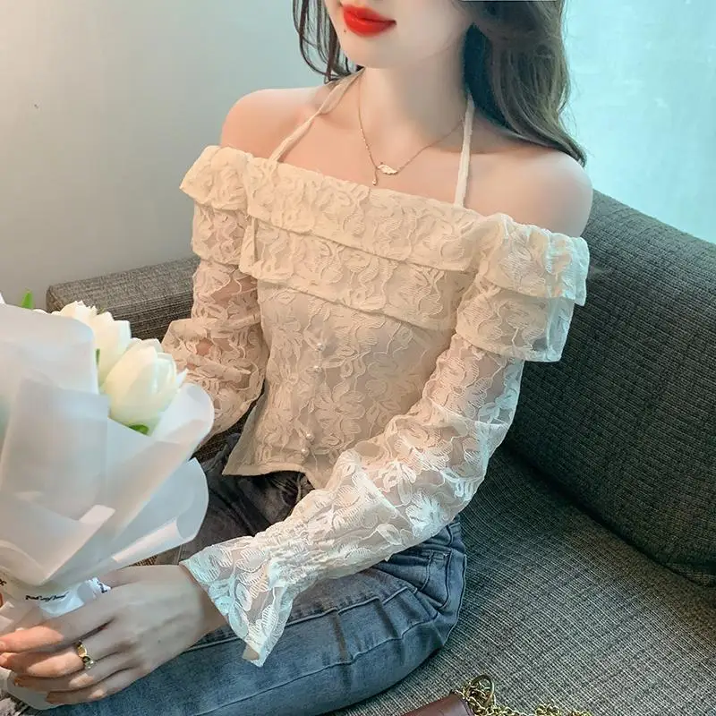 One Collar Shoulder Exposed Lotus Leaf Edge Flared Sleeve Lace Shirt Niche Short Top