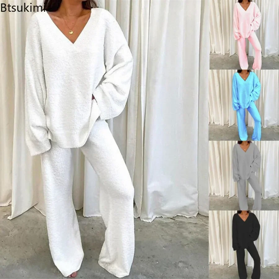 2026 Women's Pajamas 2PCS Sets Solid V Neck Long Sleeve Tops Pants Matching Sets Autumn Winter Casual Home Wide Leg Trousers Set