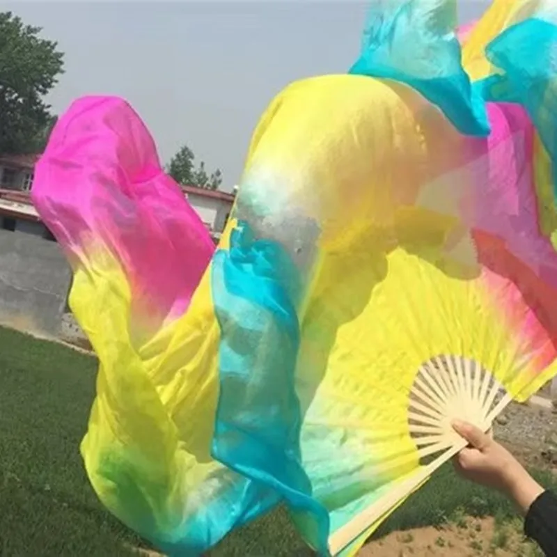 Fatto a mano in seta colorata bambù fiamma danza del ventre danza lunghi ventagli pieghevoli veli arcobaleno sfumato 120 cm 150 cm 180 cm professionale
