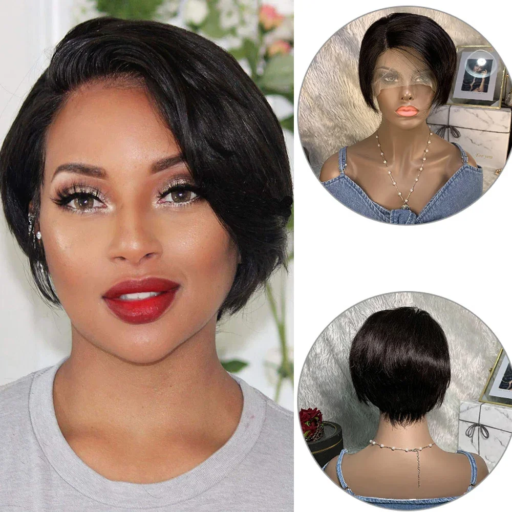 Wig Bob pendek 13x1 Wig Frontal renda warna alami Pixie potongan bagian Wig renda depan Wig rambut manusia lurus Brasil untuk wanita