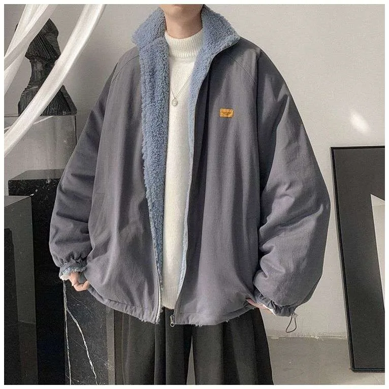 

Autumn Winter Thiened Lamb Fur Jaet Men's Cotton Coat Double-Sided Wear Warm Youth Trendy Cotton Padded Stand Fit
