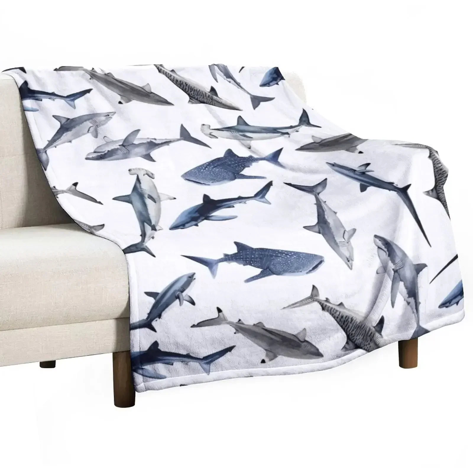 SHARKS PATTERN (WHITE) Throw Blanket Soft Plush Plaid Bed Travel sofa bed Luxury Thicken Retros Blankets
