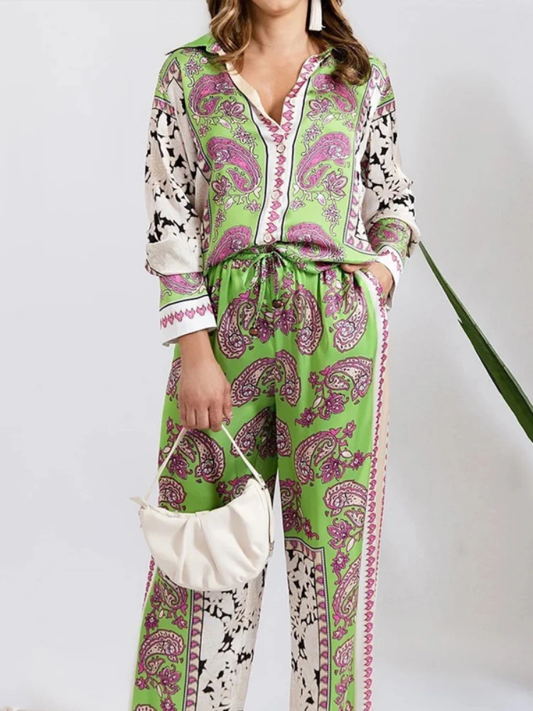 Two Piece Sets Women Pants Set Print Floral Casual Turn Down Collar Full Sleeve Tops Wide Leg Long Pants Lace Up Elastic Waist