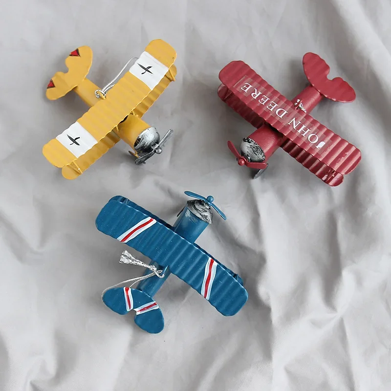 1Pc Mini Biplane Figurines for Home Decor Metal Iron Air Plane Model Aircraft Vintage Hanging Planes Miniature Kids Gifts