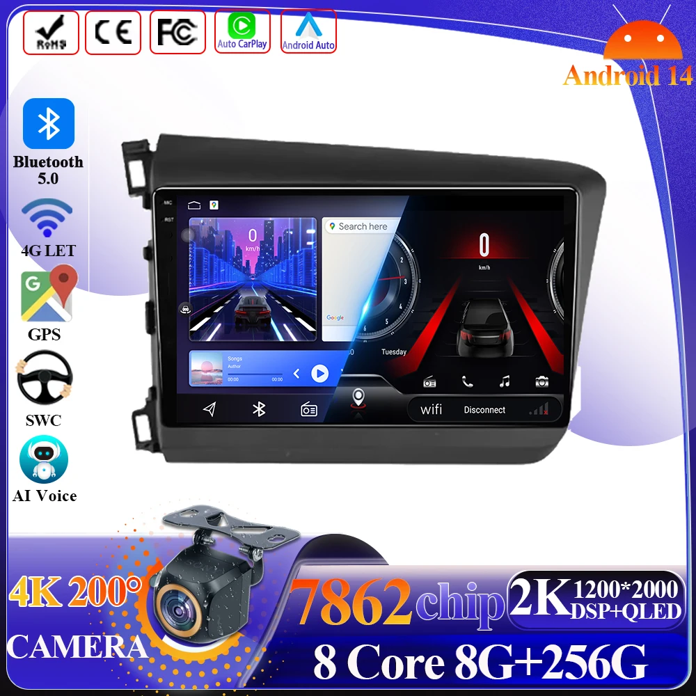 Wireless CarPlay Android 14 for Honda Civic 2011-2013 2014 2015 Car Radio Multimedia Video Stereo Player Navigation GPS Bluetoot