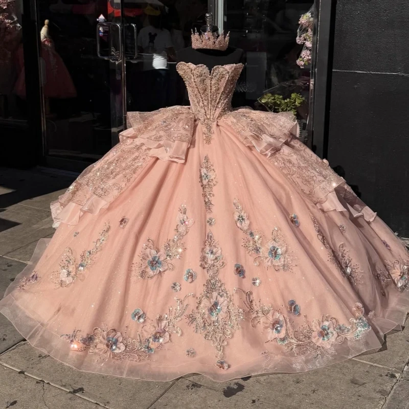 

Pink Quinceanera Dresses Ball Gown Off The Shoulder Sequin Applique Flower Beading Crystal Bow Tull Sweet 16 Dress Vestidos De