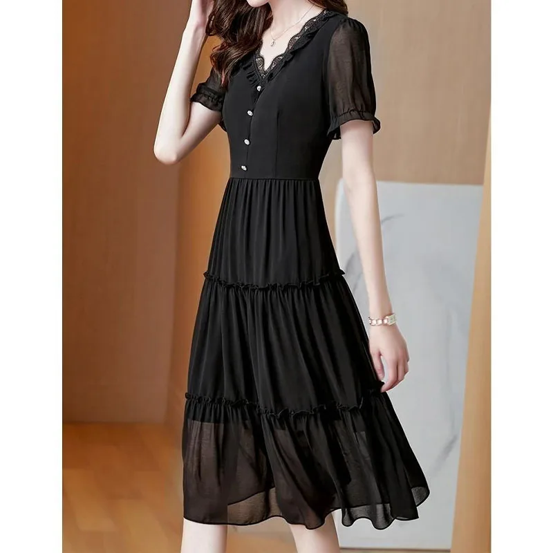 Elegant Fashion Lace Spliced V-Neck Chiffon Dresses 2023 Summer Women\'s Clothing Korean Simplicity Slim Solid Color Female Dress