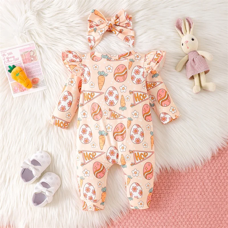 Toddler Girl Spring Floral Romper Long Sleeve O Neck Ruffle Jumpsuit with Bow Headband Set for Easter Party Outfit