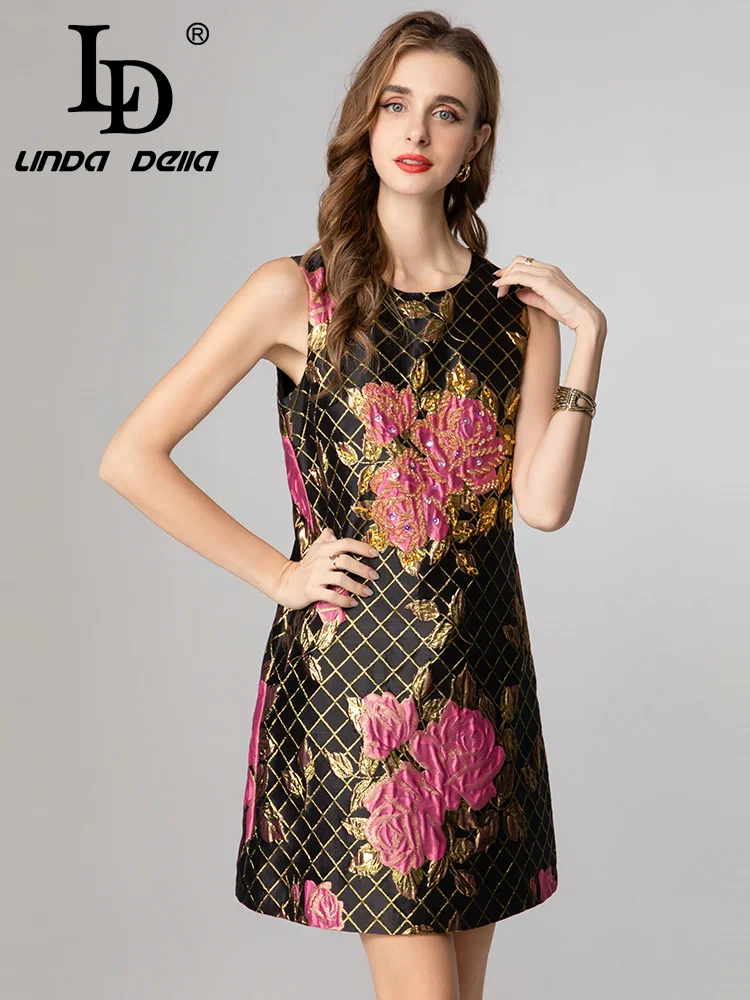LD LINDA DELLA 2025 مجموعة جديدة ملمس مميز على شكل حرف a فستان تنورة فساتين راقية فستان مزاجه الوردي الذهبي للسيدات بدون أكمام