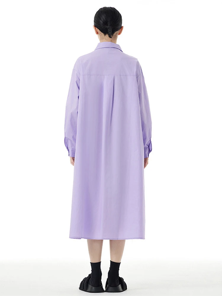 [Eam] feminino roxo com cinto tamanho grande irregular midi camisa vestido nova lapela manga longa moda maré primavera outono 2024 1dh5164