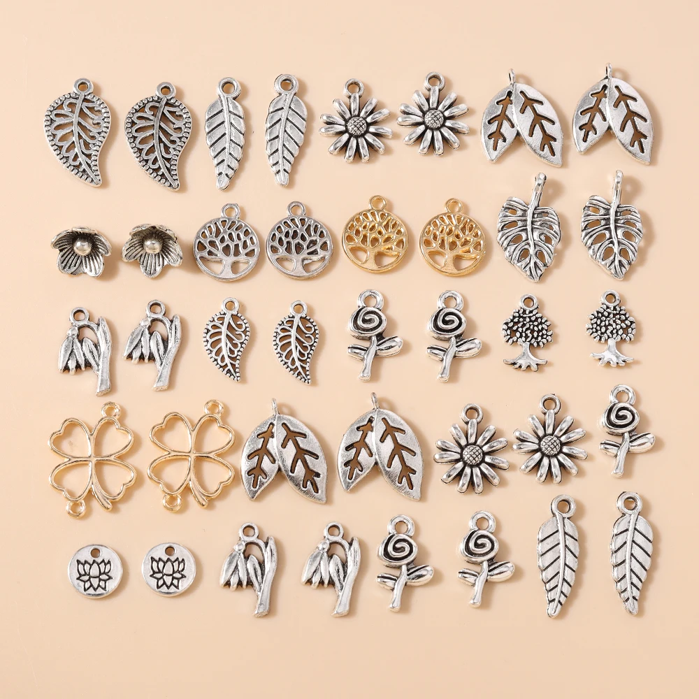 Leslie 50 Stück silberfarbene Metall-Anhänger mit Baumblatt- und Blumenmotiv, passend für DIY-Schmuckherstellung, Halsketten, Legierungsarmbänder, handgefertigtes Kunsthandwerk – Detail 1