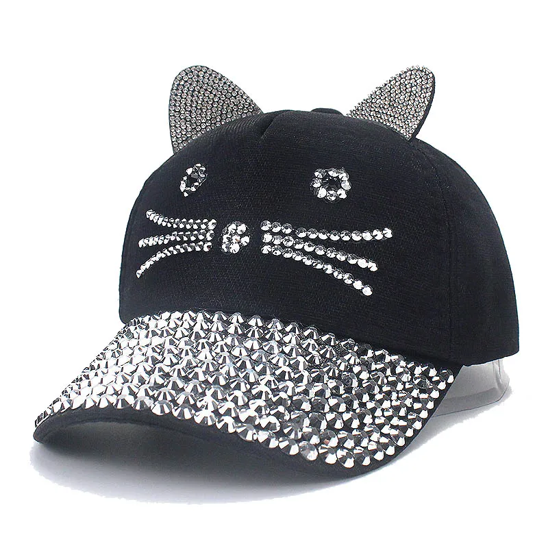 Children Girls Diamond Inlay Cap Simple Plain Baseball Cap Female Adjustable Casual Outdoor Streetwear Fashion Cat Hat