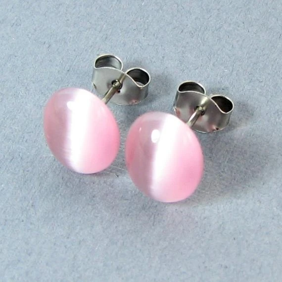 Rose Pink Earrings Fiber Optic Glass Stud Earrings Stainless Steel Cat's Eye Earrings