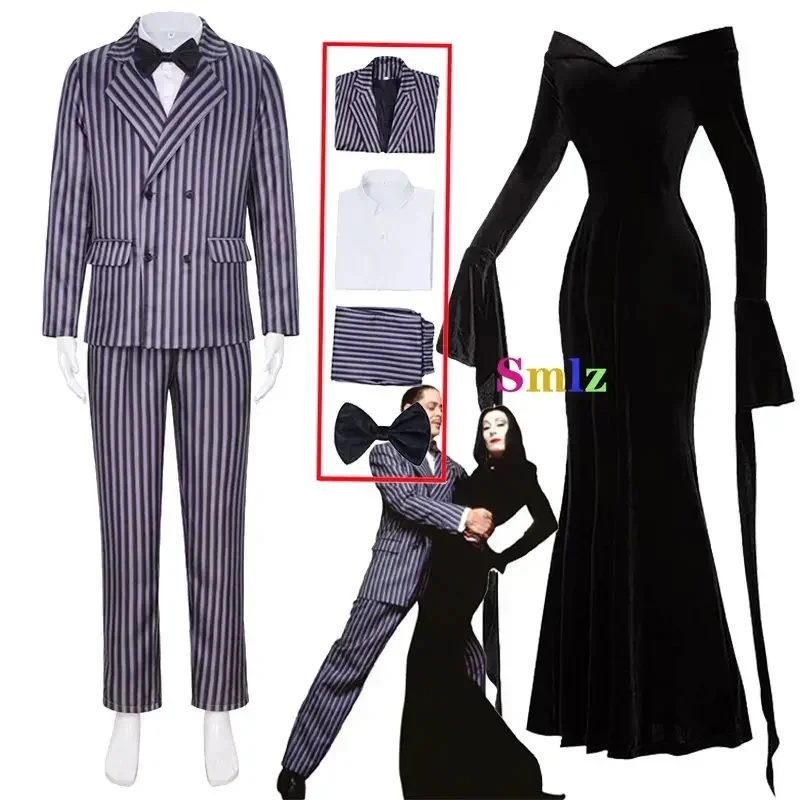 Gomez Addams Cosplay Anime Morticia Costume Dress Halloween Carnival Outfit Adult Kid Coat Shirt Pant Tie Suit Party Uniform