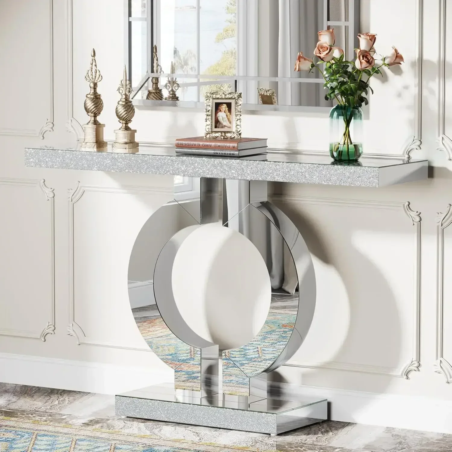 43-Inch Mirrored Console Table,Modern Entryway Table Glass Sofa Table with Mirror Finish, Rectangle Narrow Accent Foyer Table